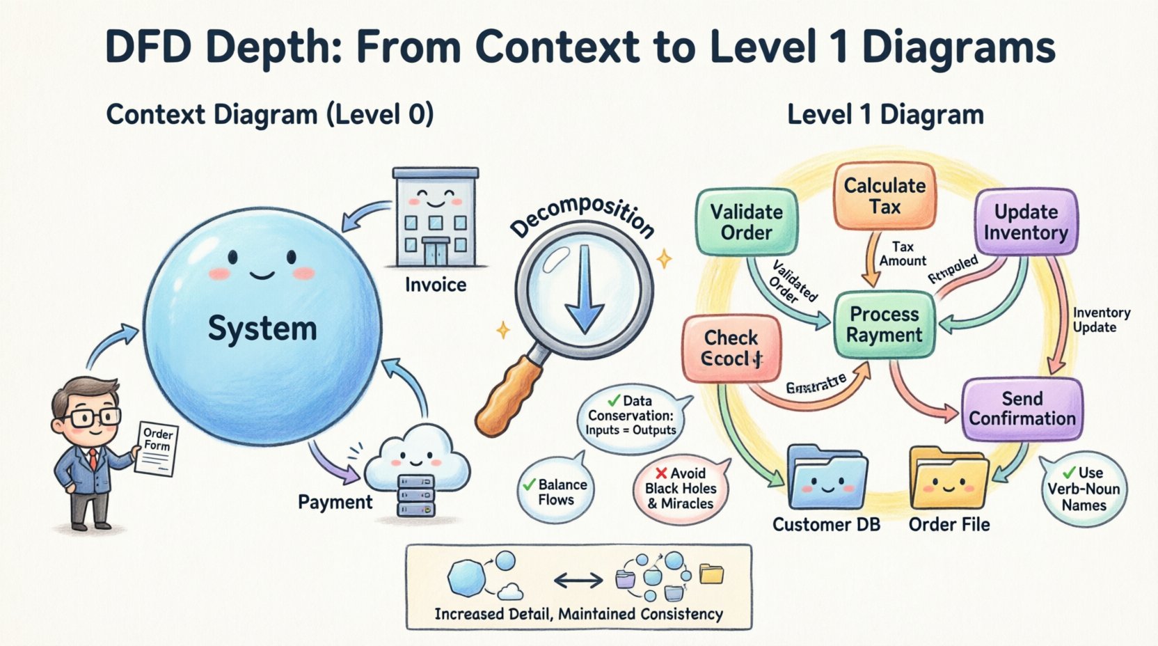 DFD-Tiefe: So bringen Sie von Kontext zu Level-1-Diagrammen