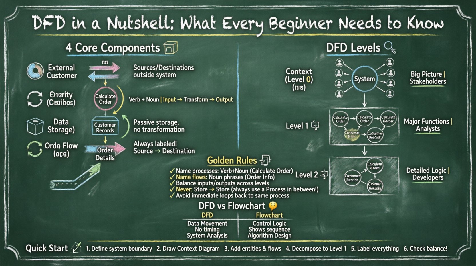 Chalkboard-style educational infographic explaining Data Flow Diagrams (DFD) for beginners: shows the 4 core components (External Entities, Processes, Data Stores, Data Flows), three decomposition levels (Context/Level 0, Level 1, Level 2), essential naming and balancing rules, DFD vs Flowchart comparison, and a quick-start checklist - all presented in hand-written chalk style with colorful annotations on a dark green chalkboard background