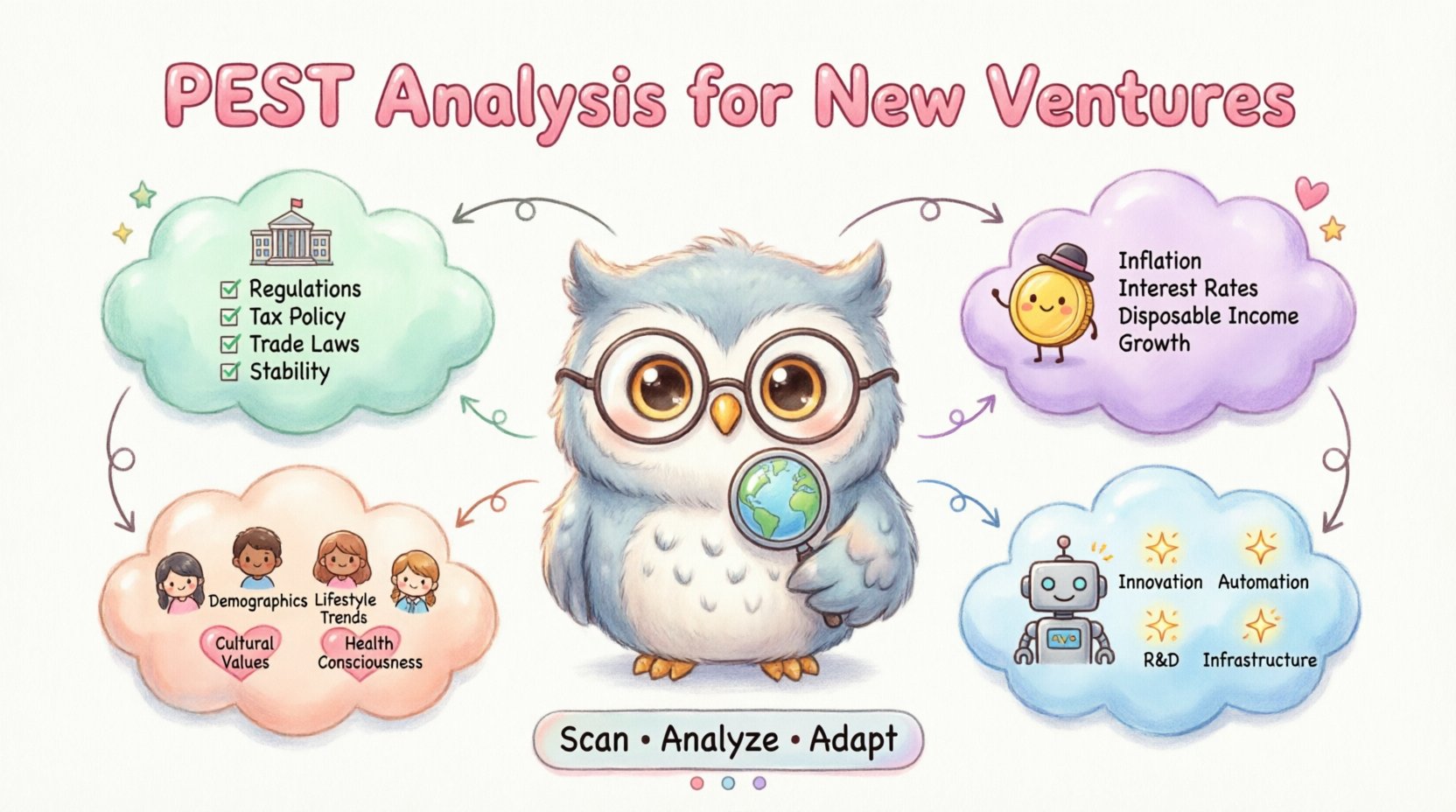 Kawaii-style infographic illustrating the PEST Analysis Framework for new ventures, featuring a cute owl mascot surrounded by four pastel sections: Political (government building, regulations, tax policy), Economic (coins, inflation, interest rates), Social (diverse people, lifestyle trends, demographics), and Technological (friendly robot, innovation, automation). Soft pastel colors, rounded design elements, and playful typography visualize how startups can scan macro-environmental factors to identify risks, spot opportunities, and build resilient strategies.