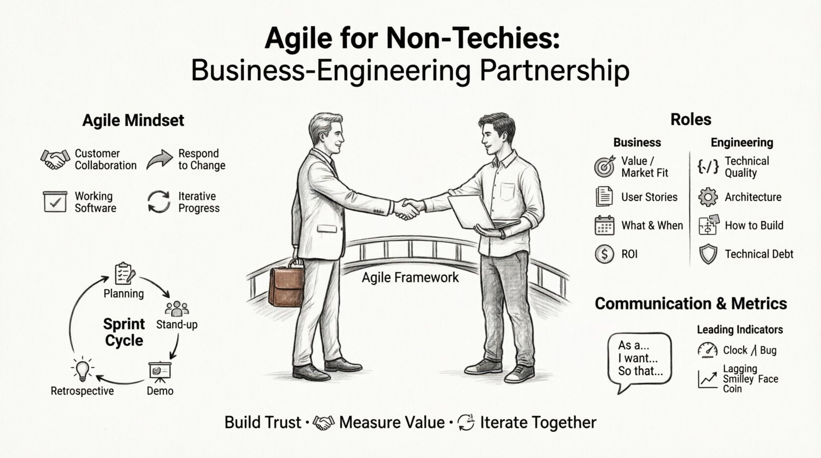 Line art infographic illustrating Agile collaboration framework for business students and engineers, featuring sprint cycle workflow, role responsibilities comparison, user story communication format, and value metrics in minimalist 16:9 educational design