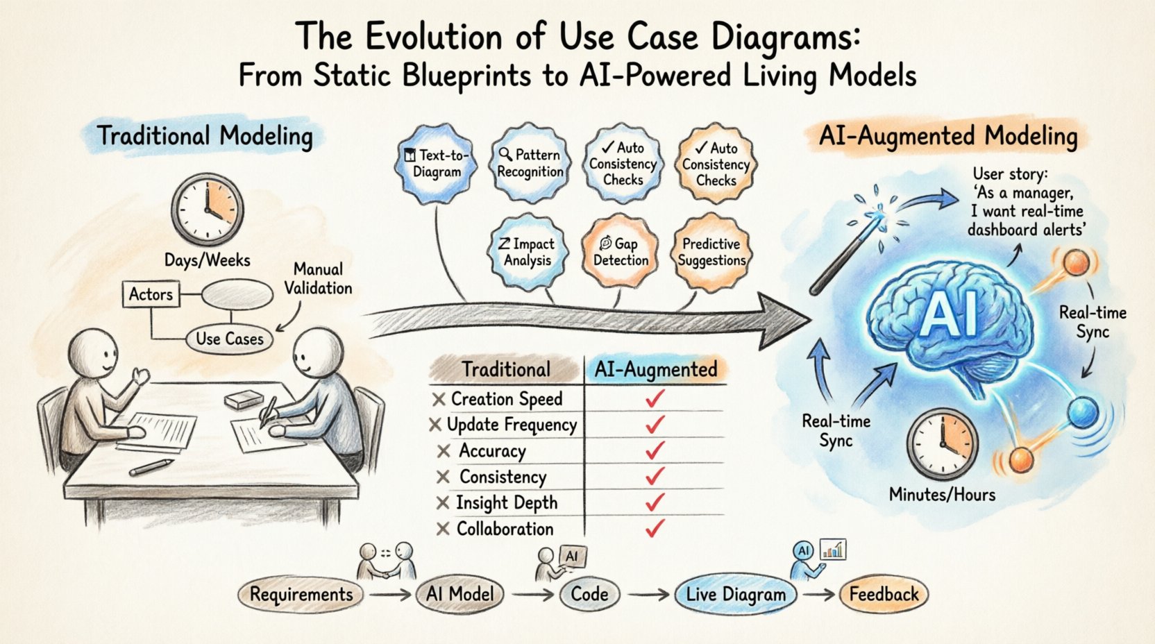 Hand-drawn infographic illustrating the evolution of Use Case Diagrams from traditional manual modeling to AI-driven product development, showing comparison of creation speed, update frequency, accuracy, and capabilities like text-to-diagram conversion, pattern recognition, automated consistency checks, dynamic adaptive diagrams, and future workflow integration with continuous feedback loops between requirements, code, and living documentation