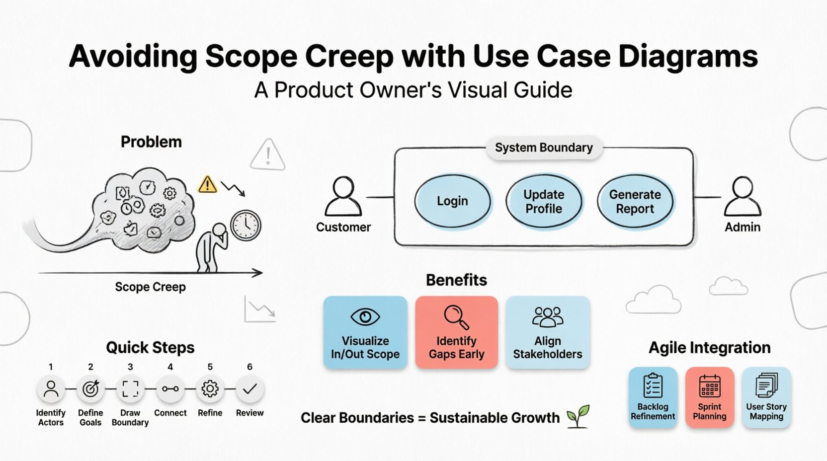 Infographic illustrating how use case diagrams help product owners prevent scope creep by defining clear system boundaries, featuring actors, use cases, and relationships in a simple flat design with pastel sky blue and coral pink accents, rounded shapes, and ample white space for educational use