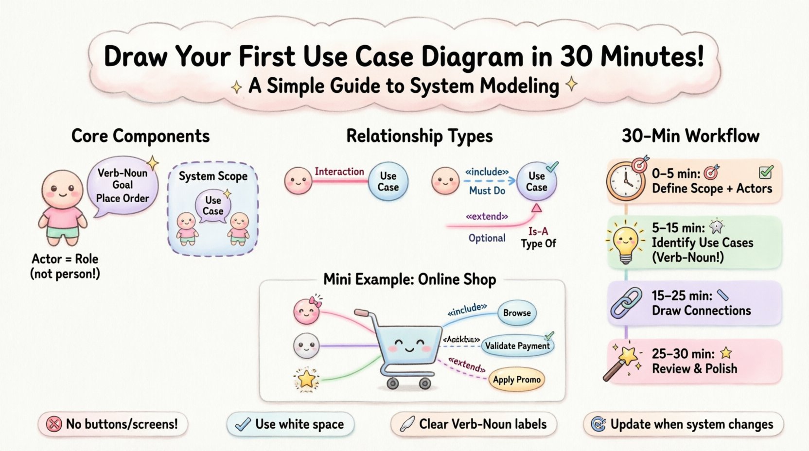 Kawaii-style infographic tutorial showing how to create a Use Case Diagram in 30 minutes, featuring cute vector icons for actors, use cases, system boundary, and relationship types (association, include, extend, generalization), with a step-by-step workflow timeline and online shopping example, all in soft pastel colors with rounded edges for beginner-friendly system modeling education