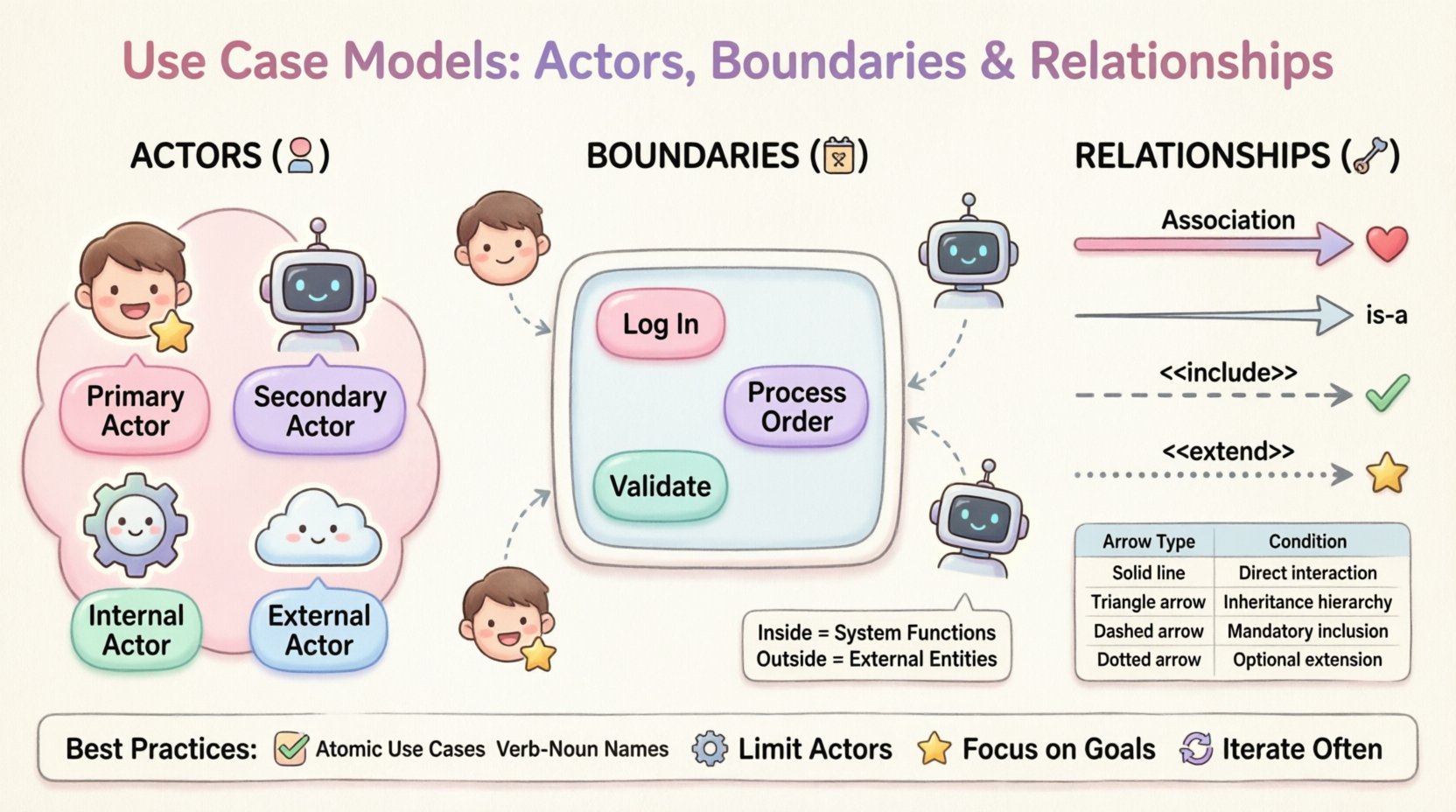 Kawaii cute vector infographic explaining Use Case Models in software engineering with pastel colors: shows Actors (Primary, Secondary, Internal, External) as adorable character avatars, System Boundaries as a rounded box containing use case bubbles, and four Relationship types (Association, Generalization, Include, Extend) with labeled arrows, plus best practices checklist for creating clear system diagrams