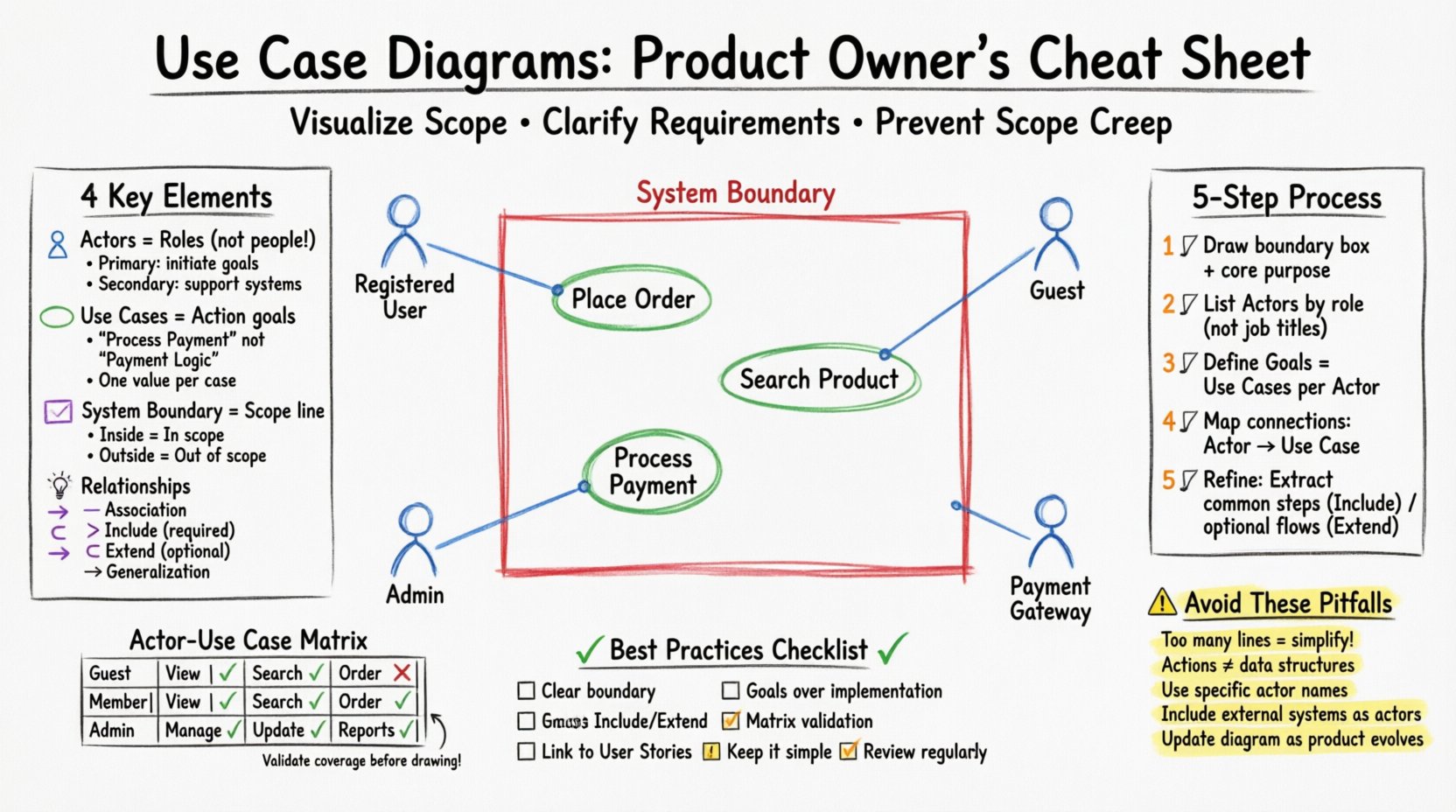 Hand-drawn whiteboard infographic: Product Owner's guide to Use Case Diagrams showing system boundary box with actors (blue), use cases (green), relationships (purple), 5-step creation process, actor-use case matrix example, common pitfalls to avoid, and best practices checklist for visualizing software scope and requirements