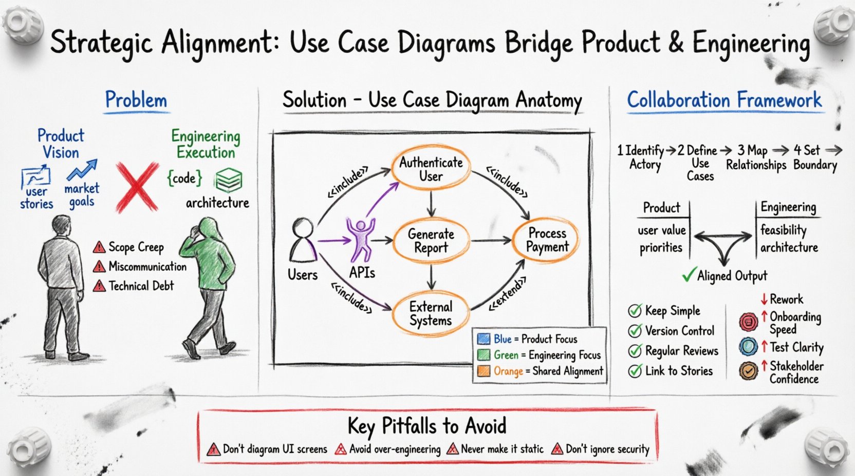 Hand-drawn whiteboard infographic illustrating how Use Case Diagrams bridge product vision and engineering execution, featuring color-coded actors, use cases, system boundaries, a 4-step collaboration framework, best practices checklist, and key metrics showing reduced rework and improved team alignment in software development