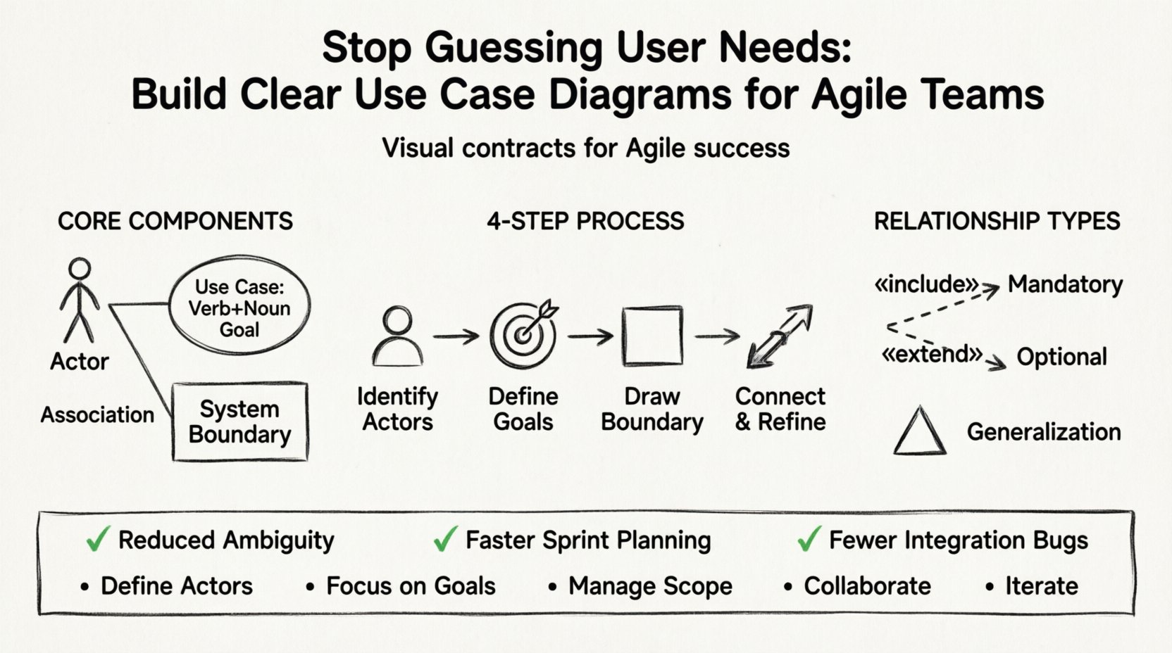 Line art infographic guide showing how Agile teams build clear Use Case Diagrams: features UML components (actors as stick figures, use case ovals, system boundary boxes), 4-step creation process (identify actors, define goals, draw boundary, connect relationships), three relationship types (include, extend, generalization), and key benefits like reduced ambiguity and faster sprint planning – minimalist black-and-white technical illustration for software development teams