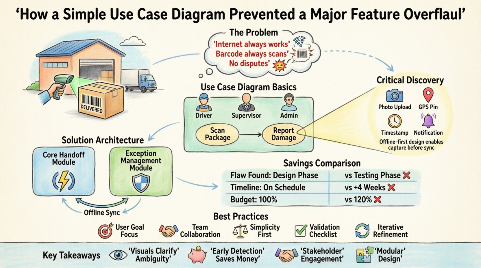 Cartoon infographic case study showing how a use case diagram prevented a major feature overhaul in a logistics platform: visualizes actors (drivers, warehouse supervisors), use cases (scan package, report damage), critical discovery of offline sync and damage reporting dependencies, revised modular architecture, and quantified savings including avoided 4-week delay and budget protection through early requirement validation