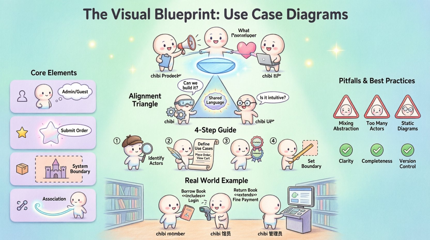 Chibi-style infographic explaining Use Case Diagrams for aligning Product, Tech, and Users: shows core UML elements (Actors, Use Cases, System Boundary, Associations), the Alignment Triangle balancing business value/technical feasibility/user experience, 4-step construction guide (identify actors, define use cases, establish relationships, set boundary), common pitfalls to avoid, best practices checklist, and a cute library system example demonstrating include/extend relationships - all rendered in soft pastel kawaii art style with clear English labels for agile teams and stakeholders