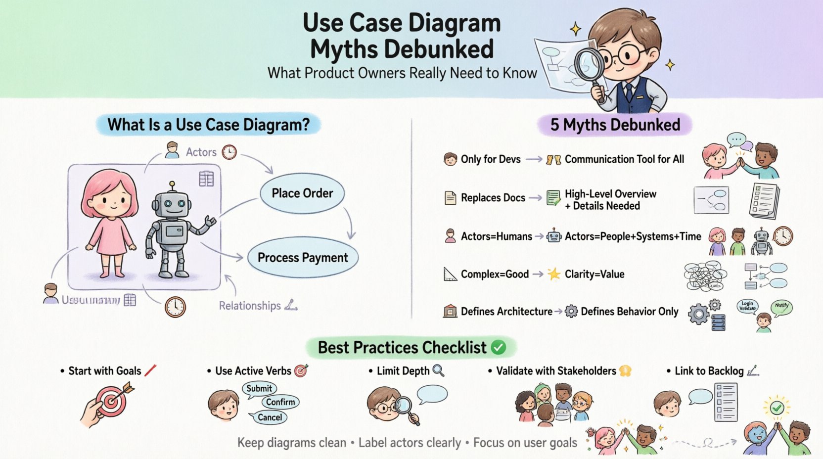 Chibi-style infographic debunking 5 common myths about Use Case Diagrams for Product Owners: illustrates what Use Case Diagrams are (actors, use cases, system boundary, relationships), myth vs fact comparisons (not just for developers, doesn't replace documentation, actors include systems/time, clarity over complexity, defines behavior not architecture), plus best practices checklist and key takeaways for effective requirements engineering
