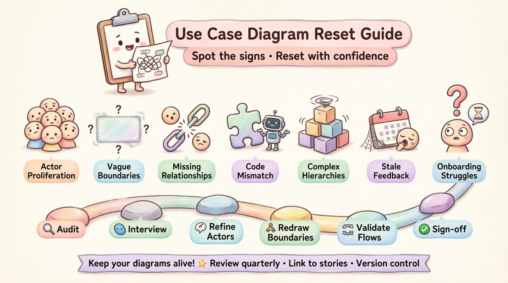 Kawaii-style infographic illustrating 7 warning signs of failing use case diagrams (actor proliferation, vague boundaries, missing relationships, code mismatch, complex hierarchies, stale feedback, onboarding struggles) plus a 6-step reset process, using cute pastel vector icons with rounded shapes for software documentation maintenance guidance