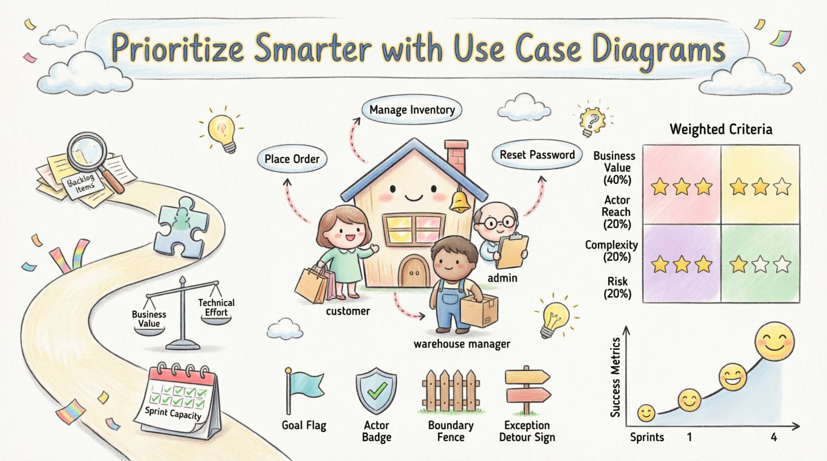 Whimsical infographic illustrating how agile teams use use case diagrams for sprint planning prioritization, featuring cartoon actors connected to goal bubbles, a 4-step workflow path, weighted prioritization matrix with business value and complexity scoring, and success metrics for feature delivery in agile development
