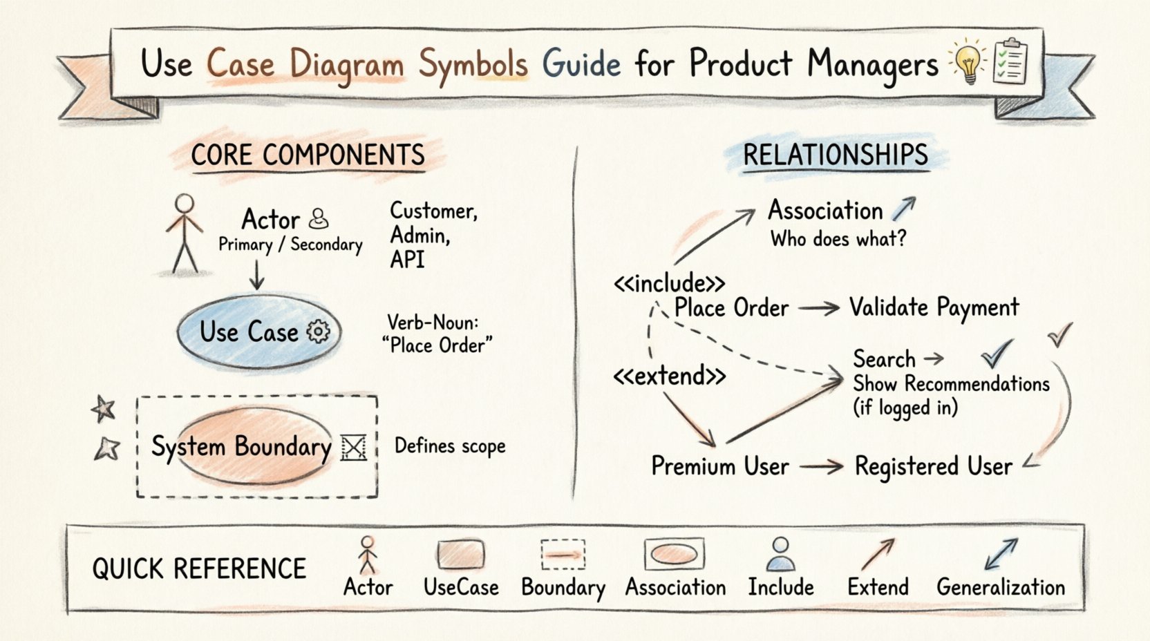 Hand-drawn infographic explaining Use Case Diagram symbols for product managers, featuring stick-figure actors, oval use cases with verb-noun naming, rectangular system boundary, and four relationship types (association, include, extend, generalization) with clear labels, examples, and soft watercolor accents in 16:9 format