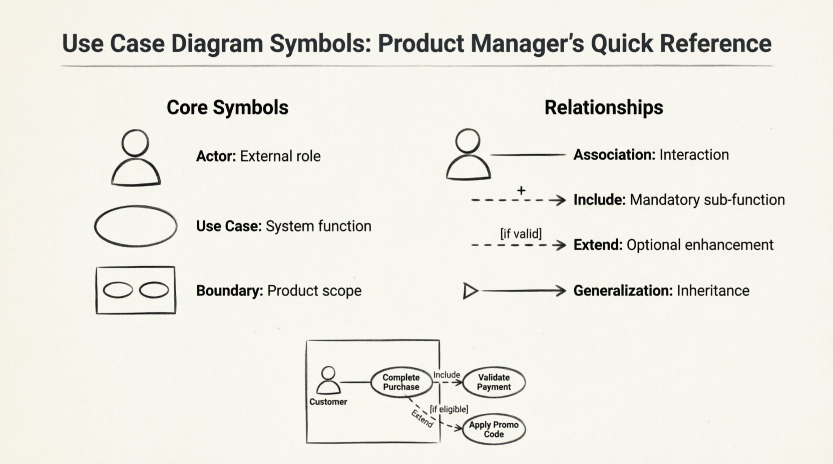Line art infographic reference guide showing essential Use Case Diagram symbols for product managers including actor stick figure, use case oval, system boundary rectangle, and relationship connectors for association, include, extend, and generalization with a mini e-commerce checkout example
