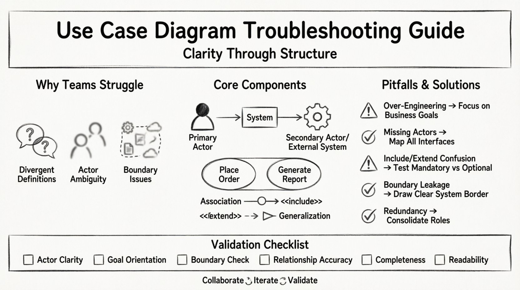 Line art infographic guide for troubleshooting Use Case Diagrams: illustrates common team challenges (divergent definitions, actor ambiguity, boundary issues), core components (actors, use cases, relationships with include/extend/generalization), five key pitfalls with solutions, validation checklist, and collaboration best practices for clear system design documentation