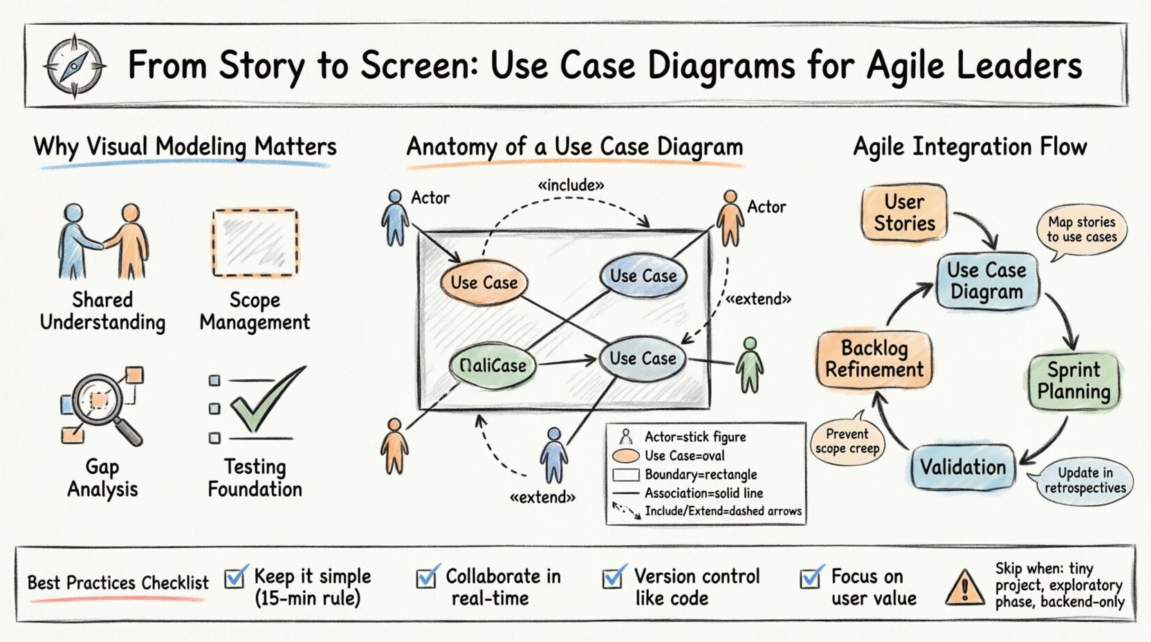 Hand-drawn infographic explaining use case diagrams for Agile leaders: shows anatomy of use case diagrams with actors (stick figures), use cases (ovals), system boundary (rectangle), and relationships (include/extend arrows); illustrates benefits like shared understanding, scope management, gap analysis, and testing foundation; depicts Agile workflow integration mapping user stories to sprint planning and backlog refinement; includes best practices checklist and pitfalls to avoid; thick outline sketch style with color accents on white background