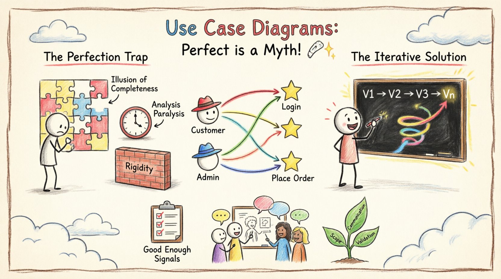 A colorful child-style drawing infographic showing use case diagrams as evolving sketches, featuring stick-figure actors connected to star-shaped goals, a spiral growth path from V1 to Vn illustrating iterative design, and visual metaphors for overcoming the perfection trap through collaboration and continuous refinement in system modeling