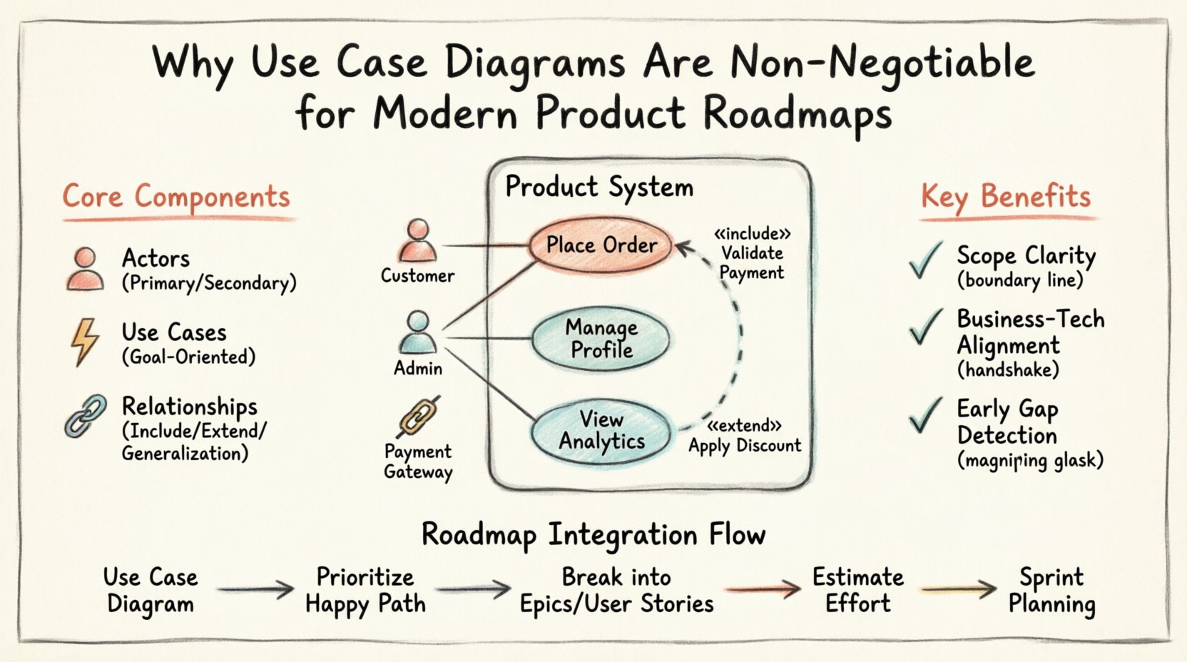 Marker illustration infographic explaining why use case diagrams are non-negotiable for modern product roadmaps, featuring system boundaries, actor roles (Customer, Admin, Payment Gateway), use case relationships (include/extend), and key benefits including scope clarity, business-tech alignment, and early gap detection