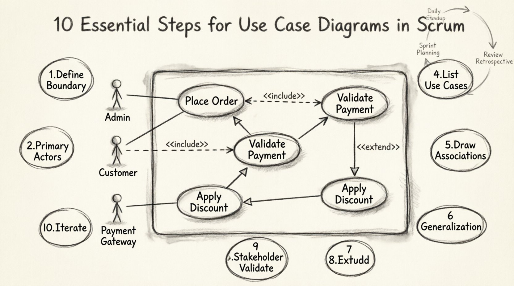 Charcoal sketch infographic illustrating the 10-step checklist for creating accurate Use Case Diagrams in Scrum: features a central system boundary box with primary actors (Admin, Customer) and secondary actors (Payment Gateway), verb-noun use cases like 'Place Order' and 'Validate Payment', relationship notations (association, include, extend, generalization), numbered step badges around the perimeter, and subtle Scrum cycle arrows showing iterative integration with Sprint Planning, Daily Standup, Review, and Retrospective events
