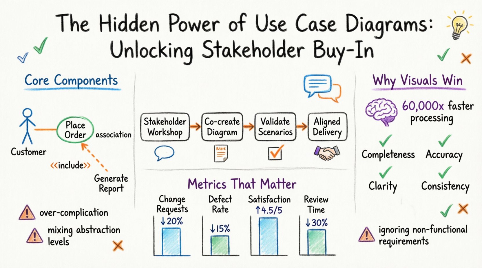 Hand-drawn whiteboard infographic illustrating how use case diagrams bridge stakeholder-engineer communication gaps, featuring color-coded actors in blue, use cases in green, and relationships in orange, with visual workflow from elicitation workshop to validated delivery, key benefits icons showing 60,000x faster visual processing, and measurable impact metrics including 20% fewer change requests and 15% lower defect rates for requirement alignment