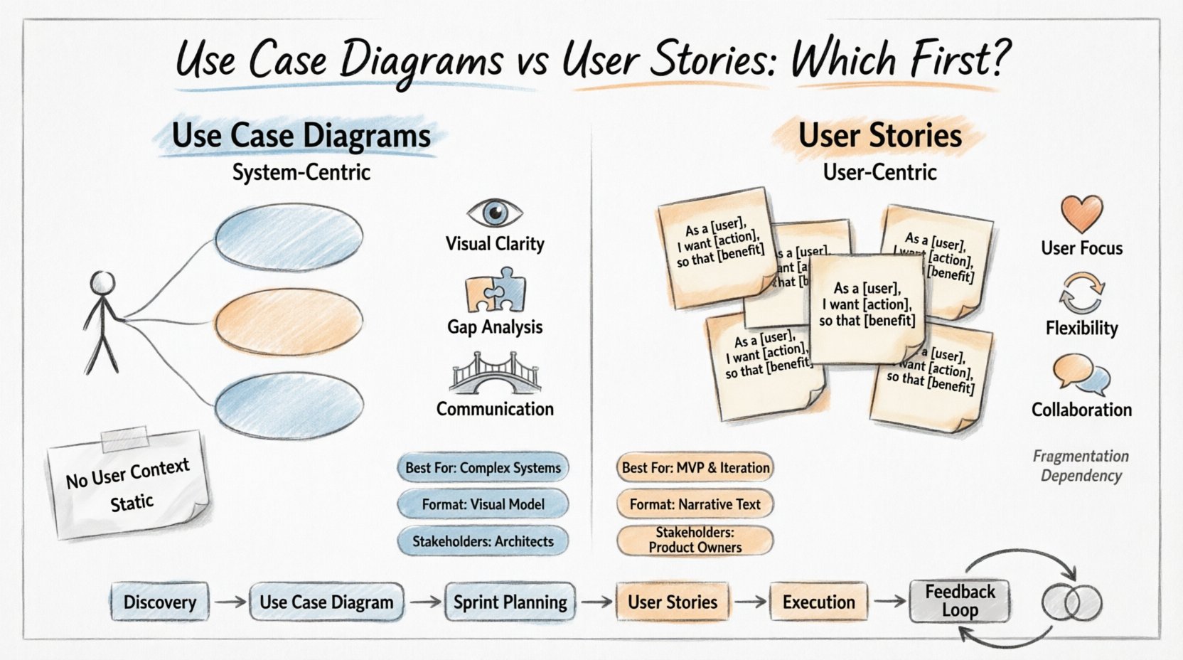 Sketch-style infographic comparing Use Case Diagrams and User Stories for Agile software development teams, showing system-centric vs user-centric approaches, key differences in format and perspective, benefits and limitations of each method, and a hybrid workflow integrating both for discovery planning and sprint execution