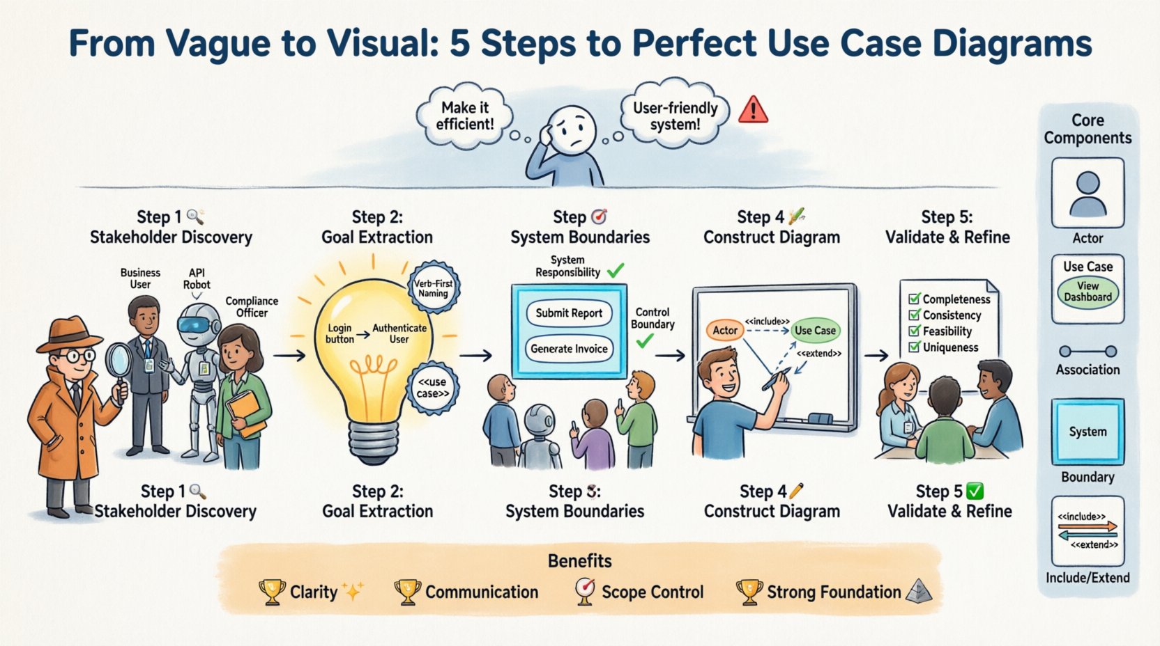 Cartoon infographic: Step-by-step guide to translating vague requirements into precise Use Case Diagrams. Shows 5-step workflow: Stakeholder Discovery (identifying actors like users, admins, APIs), Goal Extraction (converting features to verb-based goals like 'Authenticate User'), System Boundaries (defining scope with clear rectangles), Diagram Construction (drawing associations, include/extend relationships), and Validation (completeness, consistency checks). Features core components reference: Actor, Use Case, Association, System Boundary, Include/Extend. Highlights benefits: Clarity, Communication, Scope Control, Strong Foundation. Designed for project managers, business analysts, and developers to visualize system interactions and reduce requirement ambiguity.